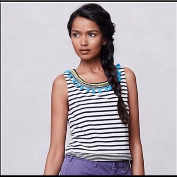 ANTHROPOLOGIE One September Striped Pom Pom Tank Top - Picture 1 of 9